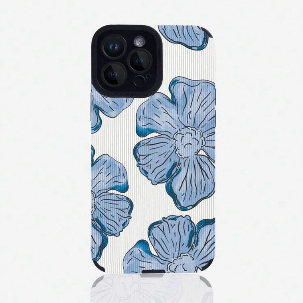 iPhone 16 Pro Max Phone Case Silicone Vertical Stripe Design Blue Floral